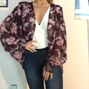 Batwing Plum/Burgundy Sheer Kimono w/Floral Detail